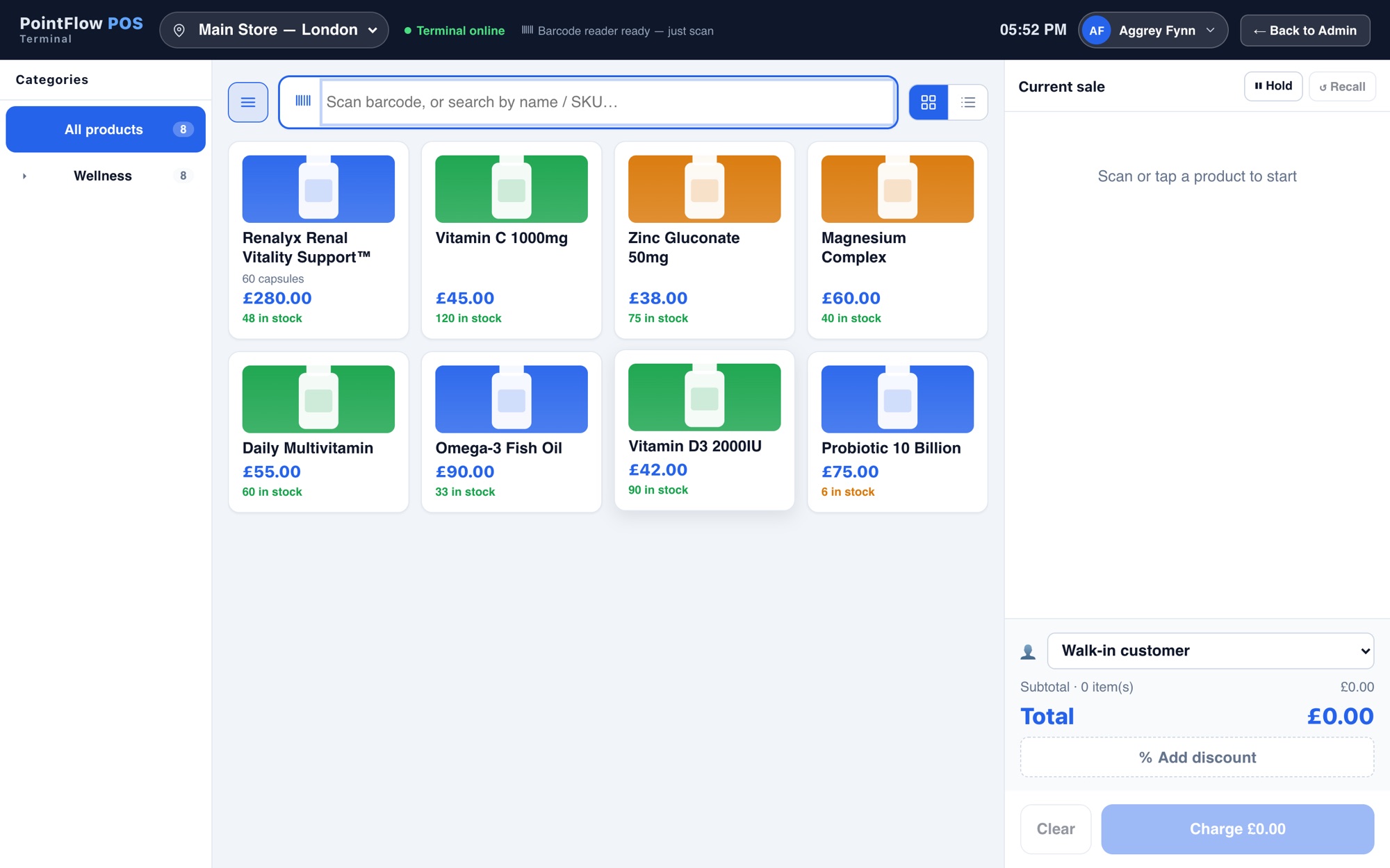 PointFlow point-of-sale terminal with product tiles, ready to ring up a sale.